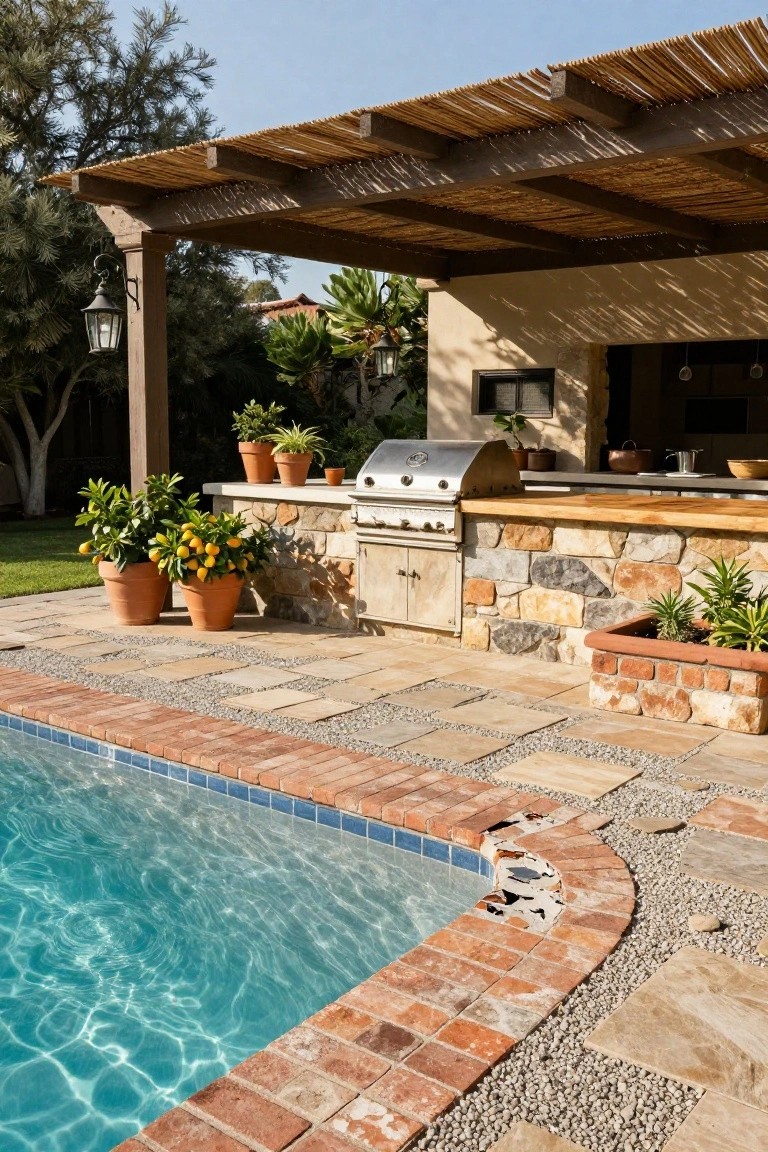 Stone outdoor kitchen with stainless steel grill and wooden countertop next to a pool, featuring potted orange trees, terracotta pots, and a thatched pergola overhead.