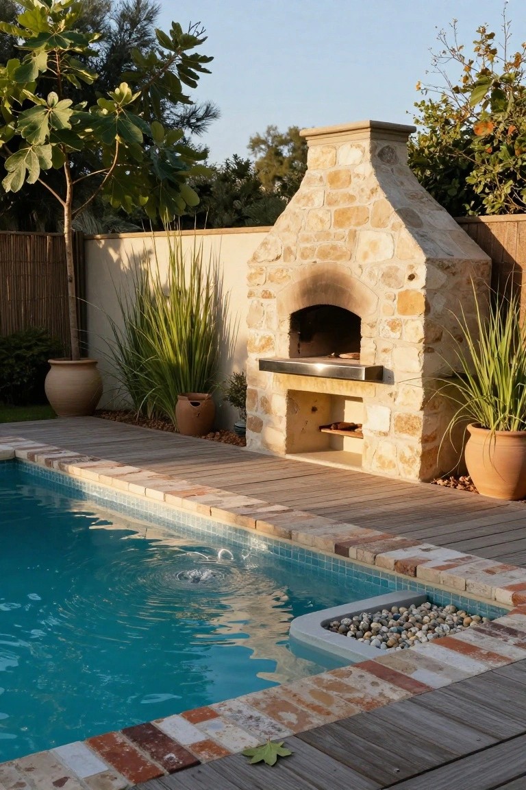 Rustic stone pizza oven built next to a turquoise swimming pool edged with tiles and wooden decking, flanked by potted plants and tall grasses.