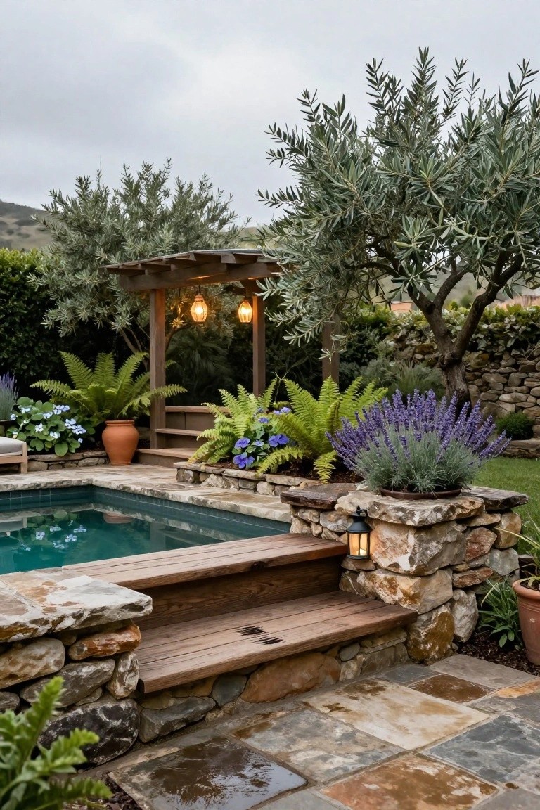 Small turquoise pool with broad wooden steps leading down from a stone platform edged in irregular rocks, surrounded by olive trees, lavender, ferns, and clay pots, with hanging lanterns on a rustic stone wall and pergola nearby under overcast skies.