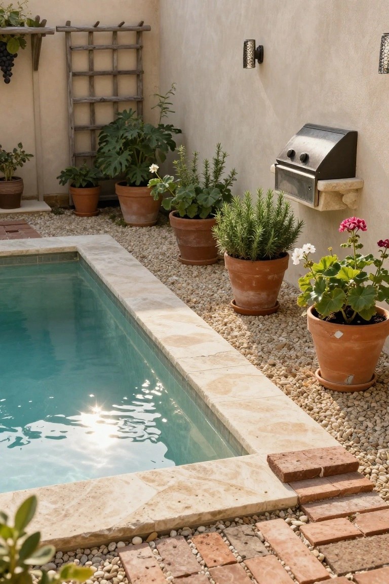 Small rectangular pool with turquoise water and light stone coping, bordered by white gravel and numerous terracotta pots containing plants such as rosemary, geraniums, and leafy greens, next to a stucco wall with a mounted stainless steel BBQ grill.