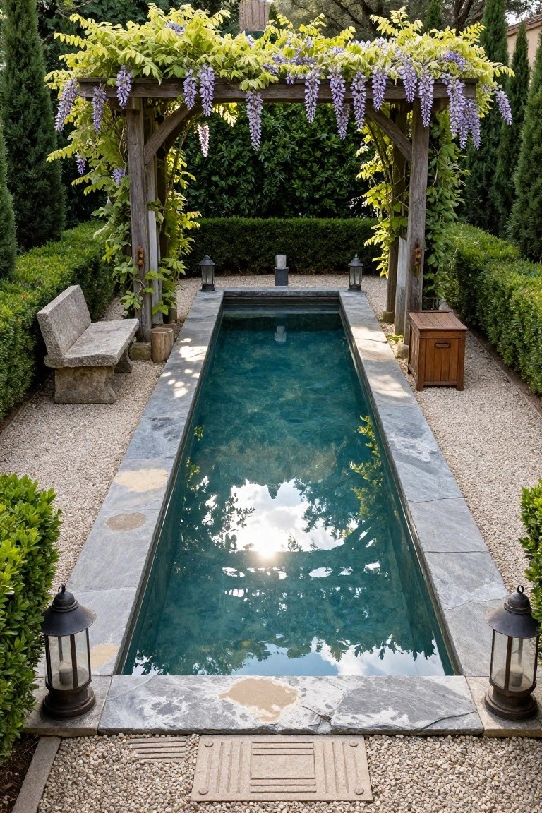 Narrow rectangular pool with turquoise water and slate edging in a gravel garden surrounded by tall hedges, wooden pergola covered in purple wisteria at one end, stone bench, wooden crate, and metal lanterns on sides.