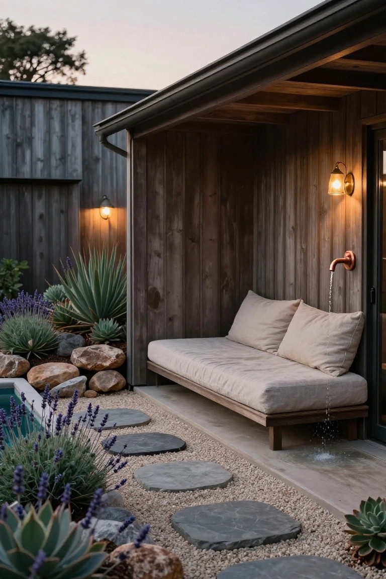 Wooden bench with beige cushions under a covered wooden structure next to a pool, with agave plants, lavender, rocks, gravel path with stepping stones, and a copper wall-mounted faucet pouring water.