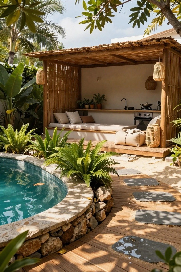 Above-ground pool with turquoise mosaic tiles and stone edging, next to a wooden deck with stone stepping path leading to an open bamboo pavilion containing built-in beige cushioned bench, potted plants, sink, cooktop, and hanging lanterns, surrounded by ferns, palms, and other tropical greenery.