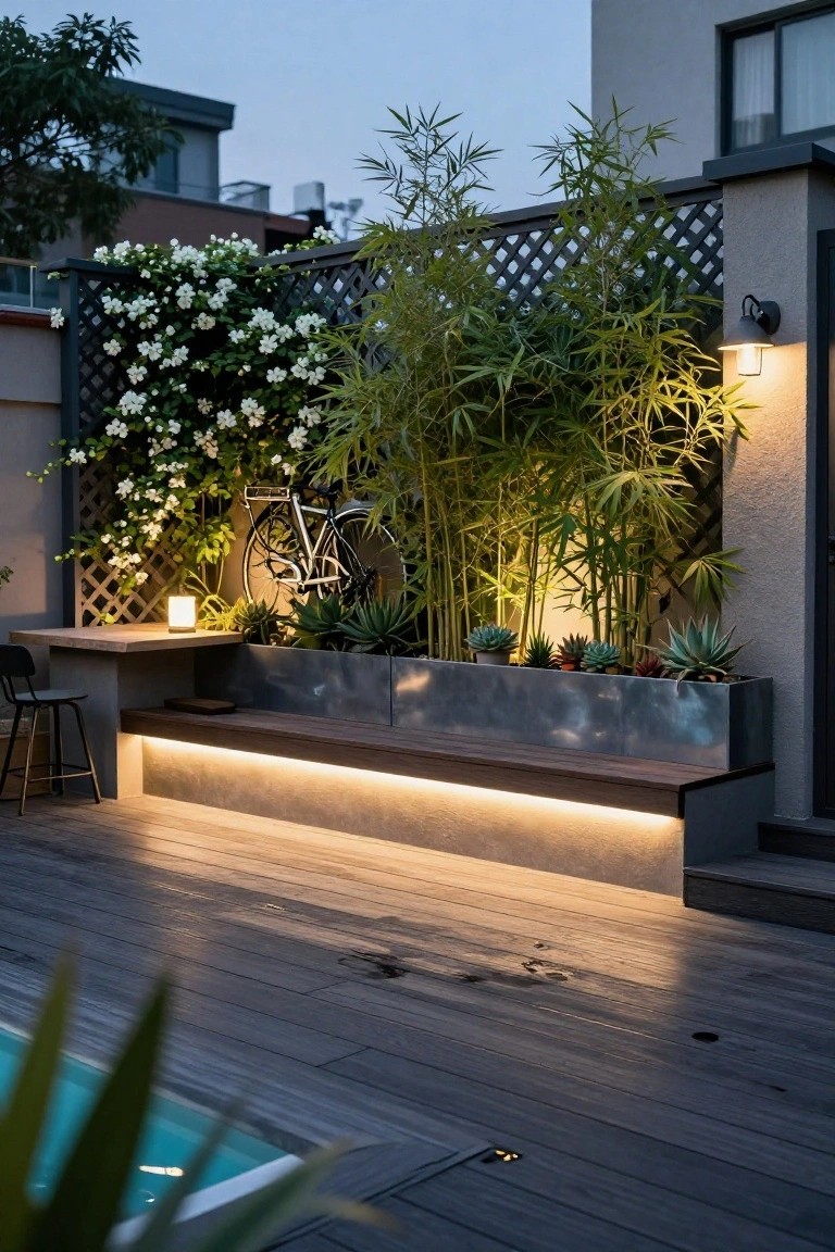Wooden deck beside an above-ground pool with a long built-in metal bench featuring under-seat LED lighting, adjacent planters with succulents, bamboo screening, climbing white flowers on lattice, a bicycle rack, lanterns, and a small table with stool.