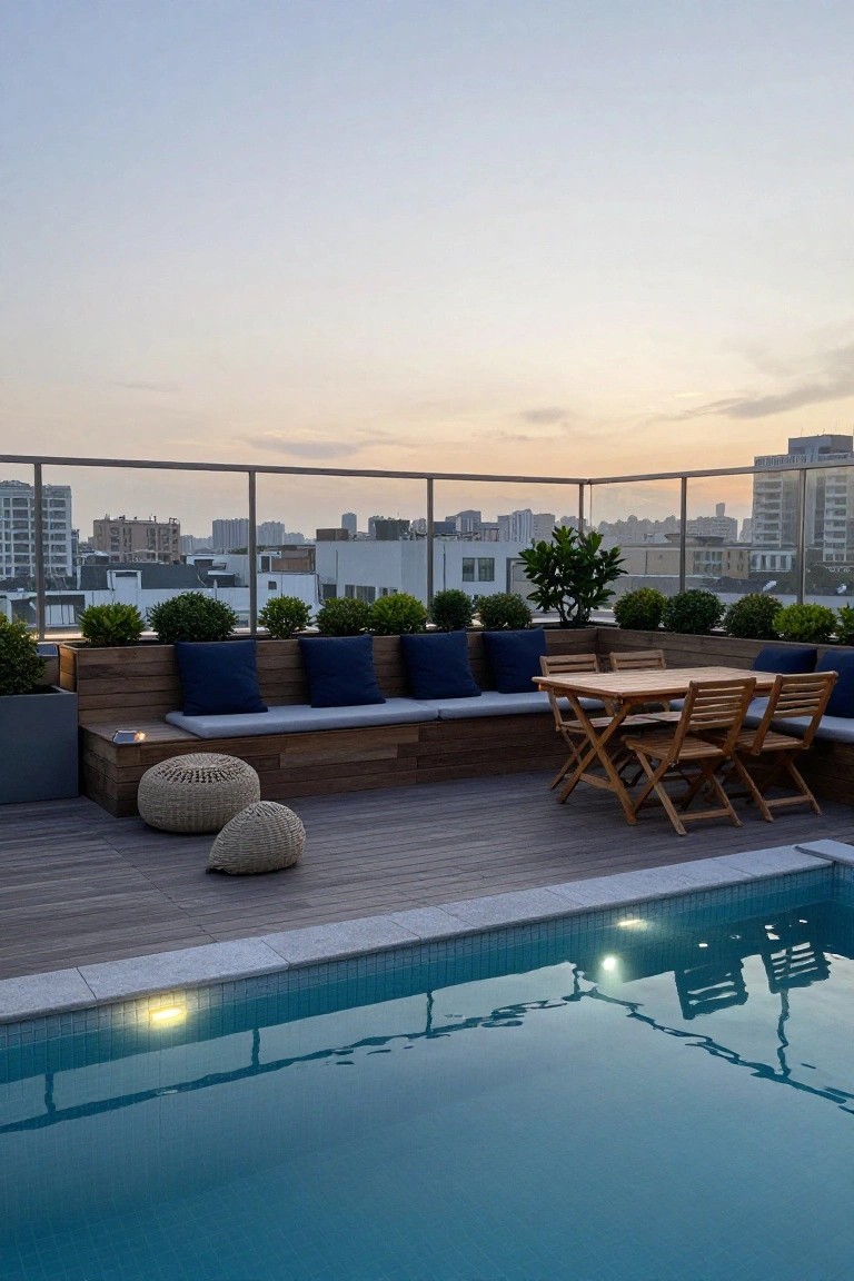 Rooftop wooden deck with built-in benches, blue cushions, teak table and chairs, boxwood shrubs in planters, and infinity-edge pool overlooking city buildings at dusk.