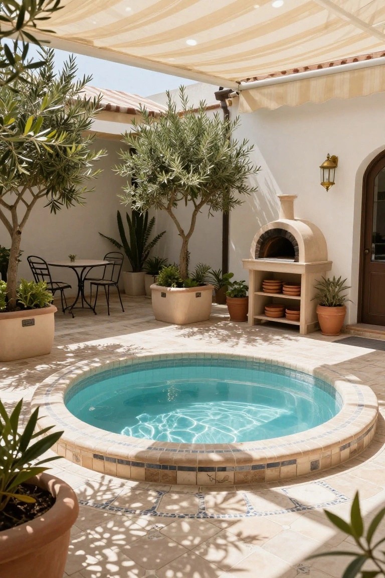 Small round turquoise hot tub centered in a beige-tiled courtyard with potted olive trees, agave plants, a bistro table and chairs, stone pizza oven, and beige fabric shade canopy overhead.