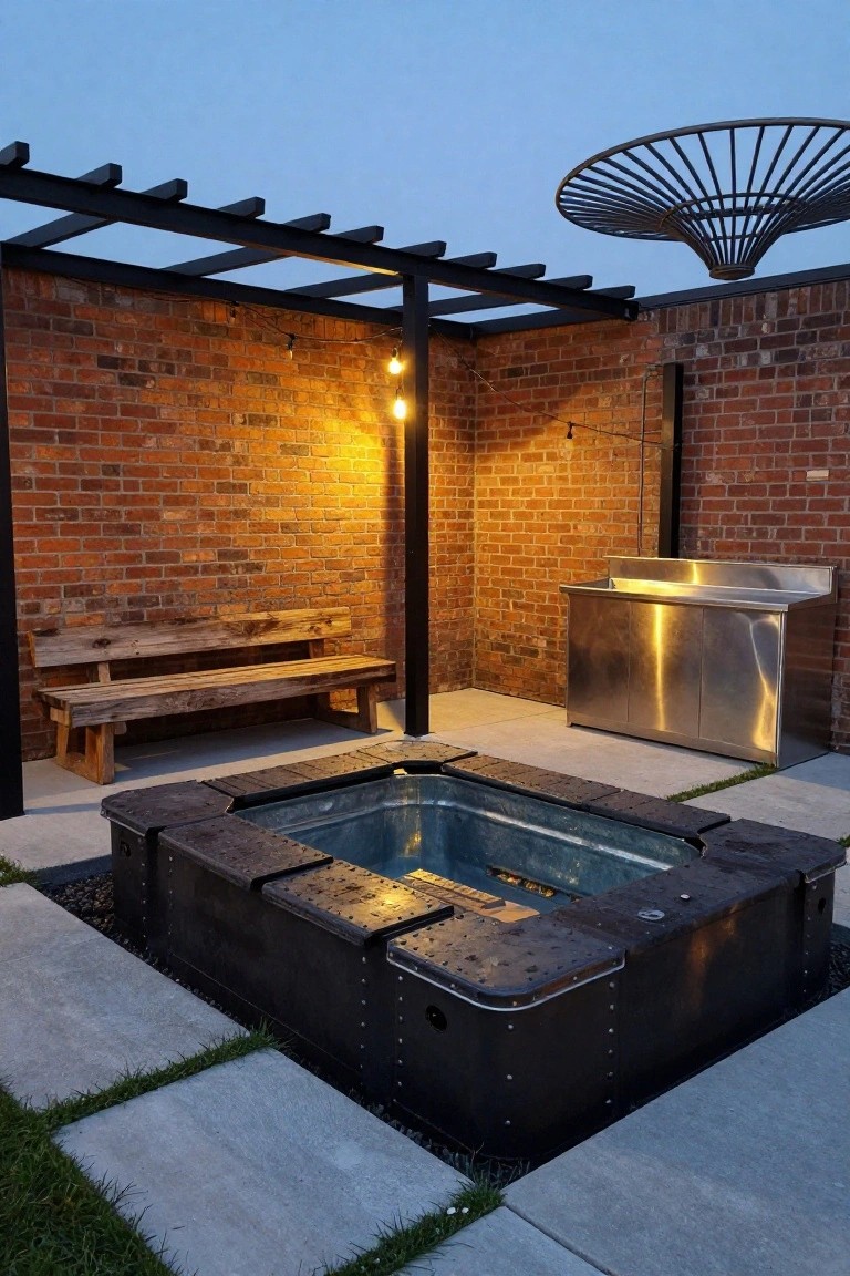 Outdoor corner patio with rectangular hot tub in black metal enclosure, wooden bench, stainless steel sink cabinet against brick walls, steel pergola roof, string lights, and pavers in a small yard.