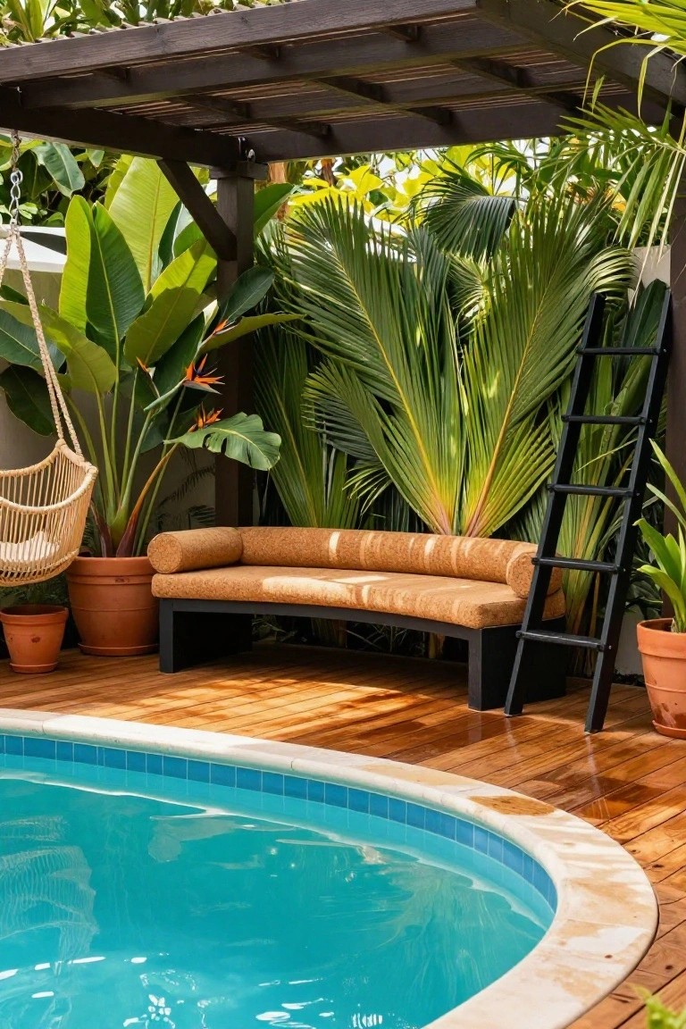Above-ground pool edged by wooden deck with curved tan bench, black ladder, potted tropical plants, hanging wicker chair, and pergola structure in lush green backyard.