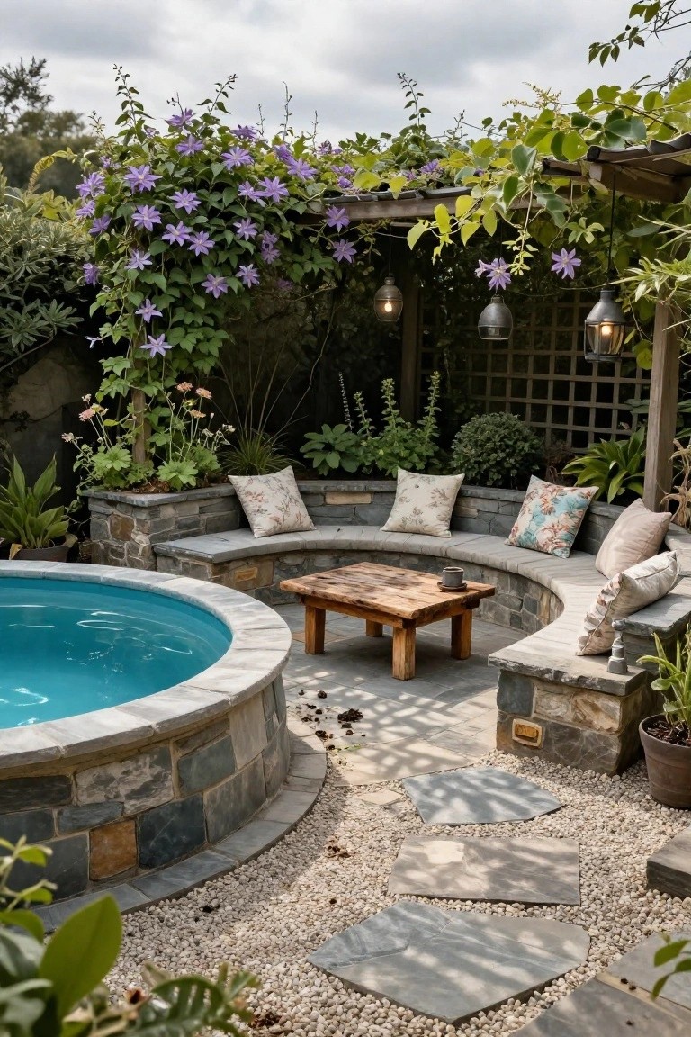 Small round above-ground pool with curved gray stone bench seating around it, cushions and pillows on the bench, wooden table and teacup in center, under wooden pergola with purple clematis vines and hanging lanterns, surrounded by plants and gravel path in backyard.