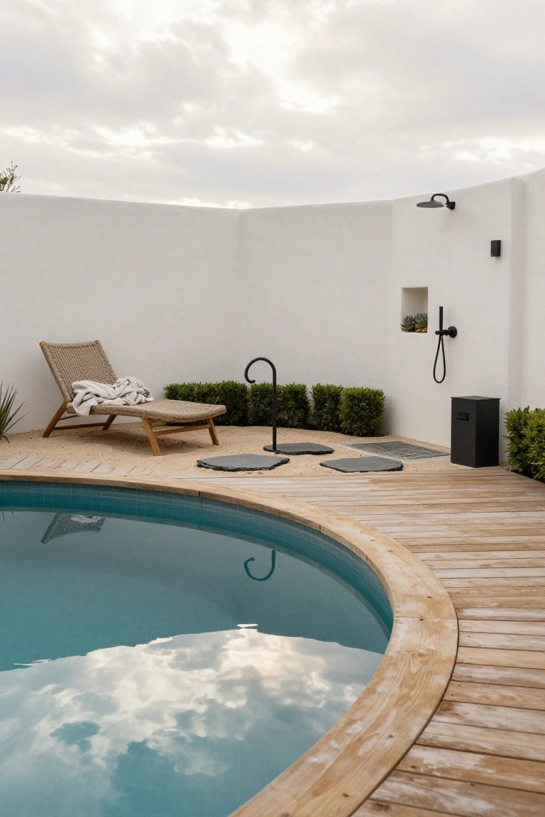 Curved turquoise above-ground pool with light wooden decking around the edge, rattan lounge chair on adjacent sand area, black outdoor shower on white wall, and low green hedges.