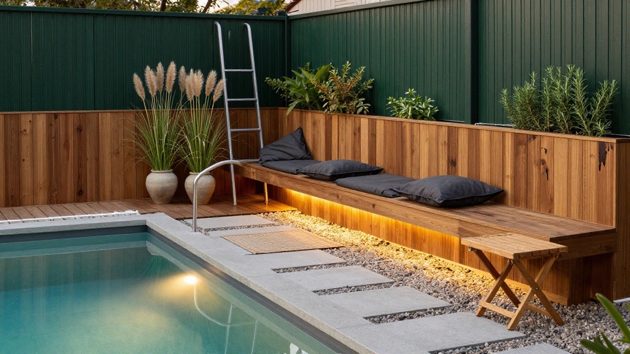 Wooden bench with gray cushion along the edge of an above-ground pool, next to a green metal fence, gravel ground cover, stone pavers, potted plants, and a small folding table in a backyard setting.