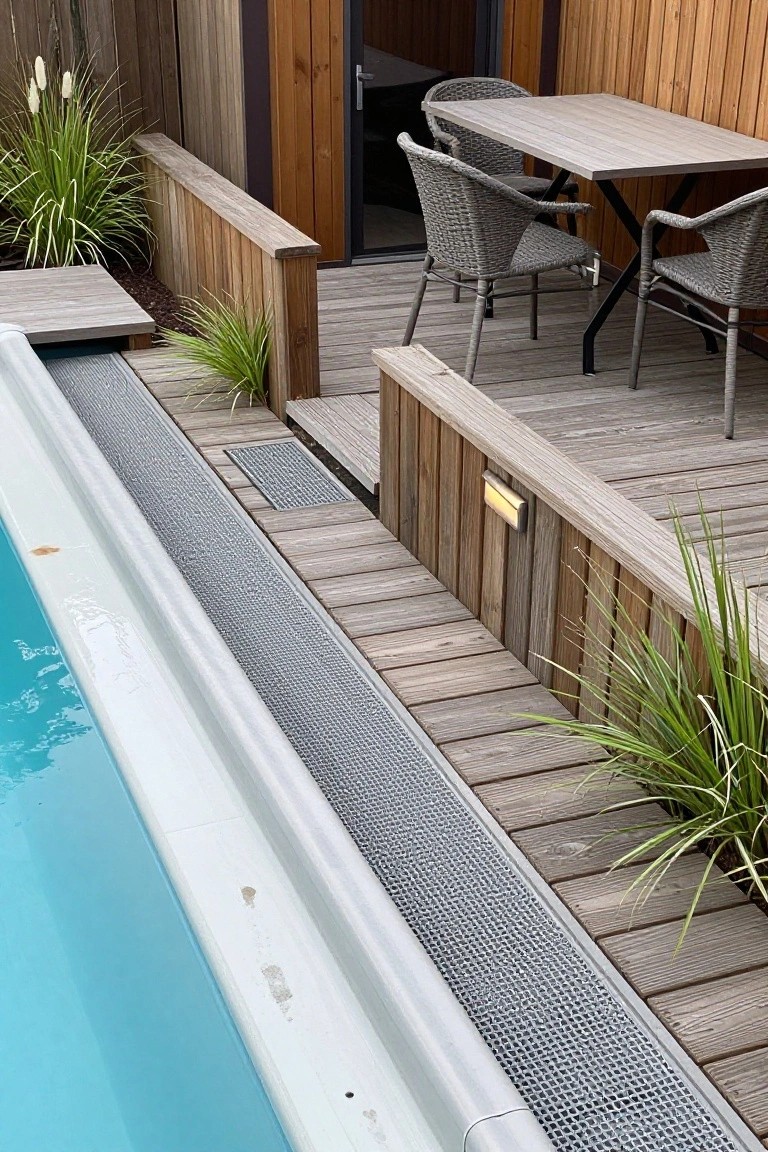 Above-ground pool next to wooden deck with grated metal drainage channel along the edge, wicker dining table and chairs on deck, wooden fence and grasses nearby.