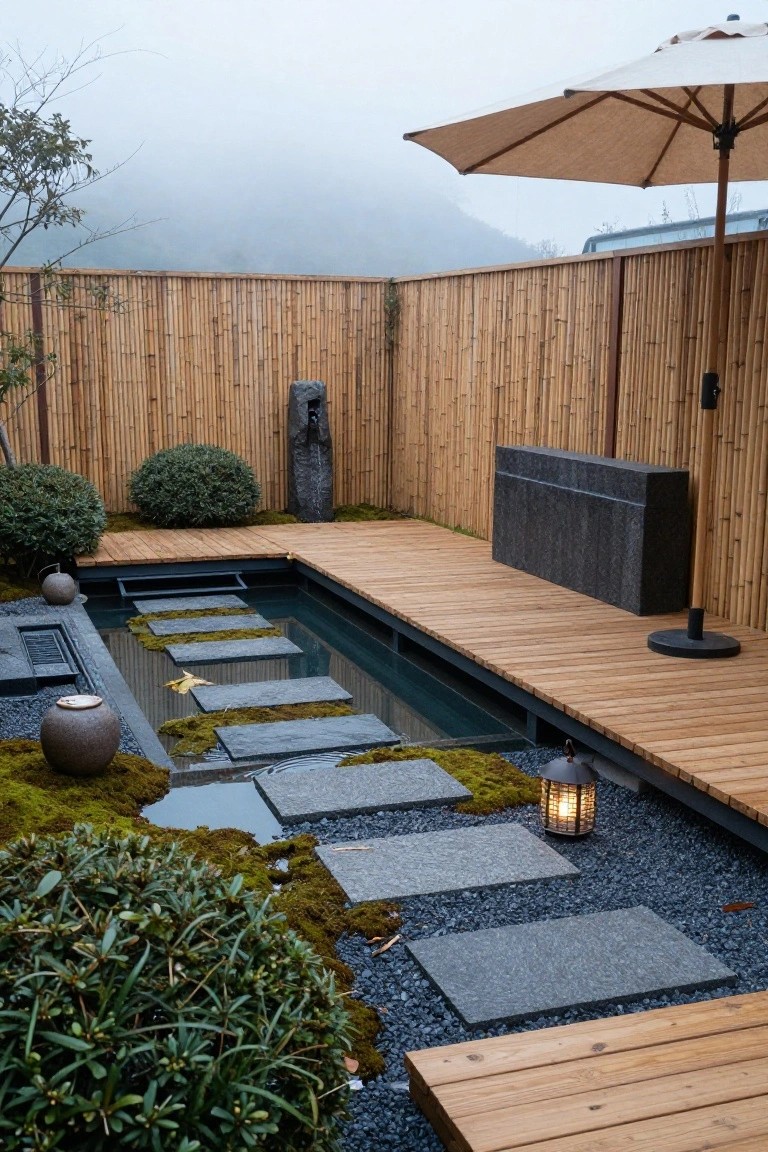 A narrow rectangular pond with mossy gray stepping stones across it in a small enclosed yard, bordered by wooden decking on one side, bamboo fencing, gravel ground cover, potted plants, stone sculptures, lanterns, and a beige umbrella, set against misty mountains.