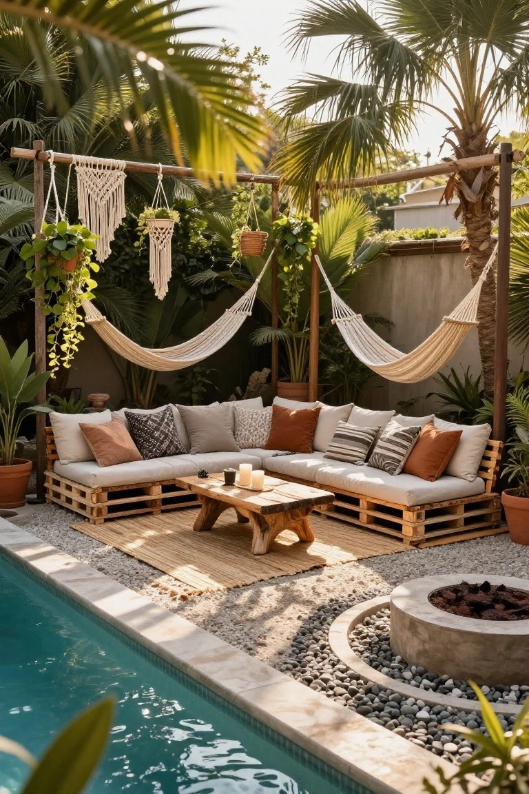 Outdoor lounge beside a pool with L-shaped white pallet sofas, wooden coffee table, hanging white hammocks from bamboo posts, macrame plant hangers, potted greenery, and circular stone fire pit on gravel patio.