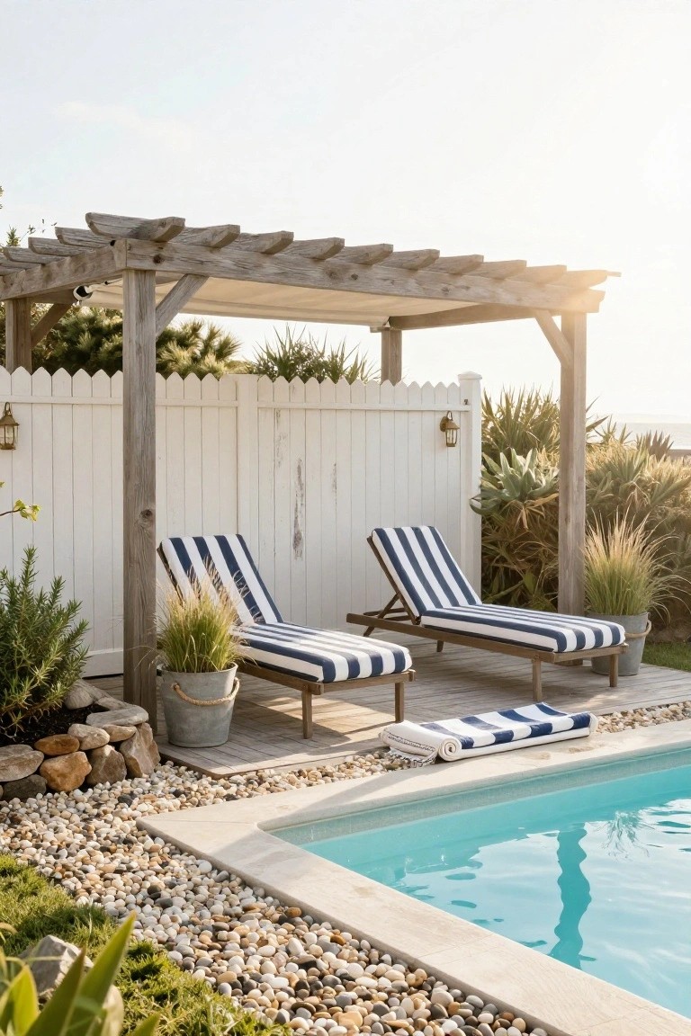 Wooden pergola shading two navy-and-white striped chaise lounges on a deck next to a turquoise above-ground pool, with white picket fence, potted grasses, and pebble edging nearby.