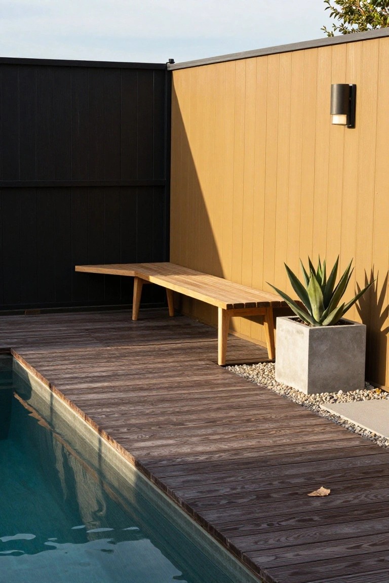 Wooden deck bordering an above-ground pool, featuring an angled teak bench against a yellow vertical board fence, a black fence on the opposite side, a potted agave plant, and a wall-mounted light.