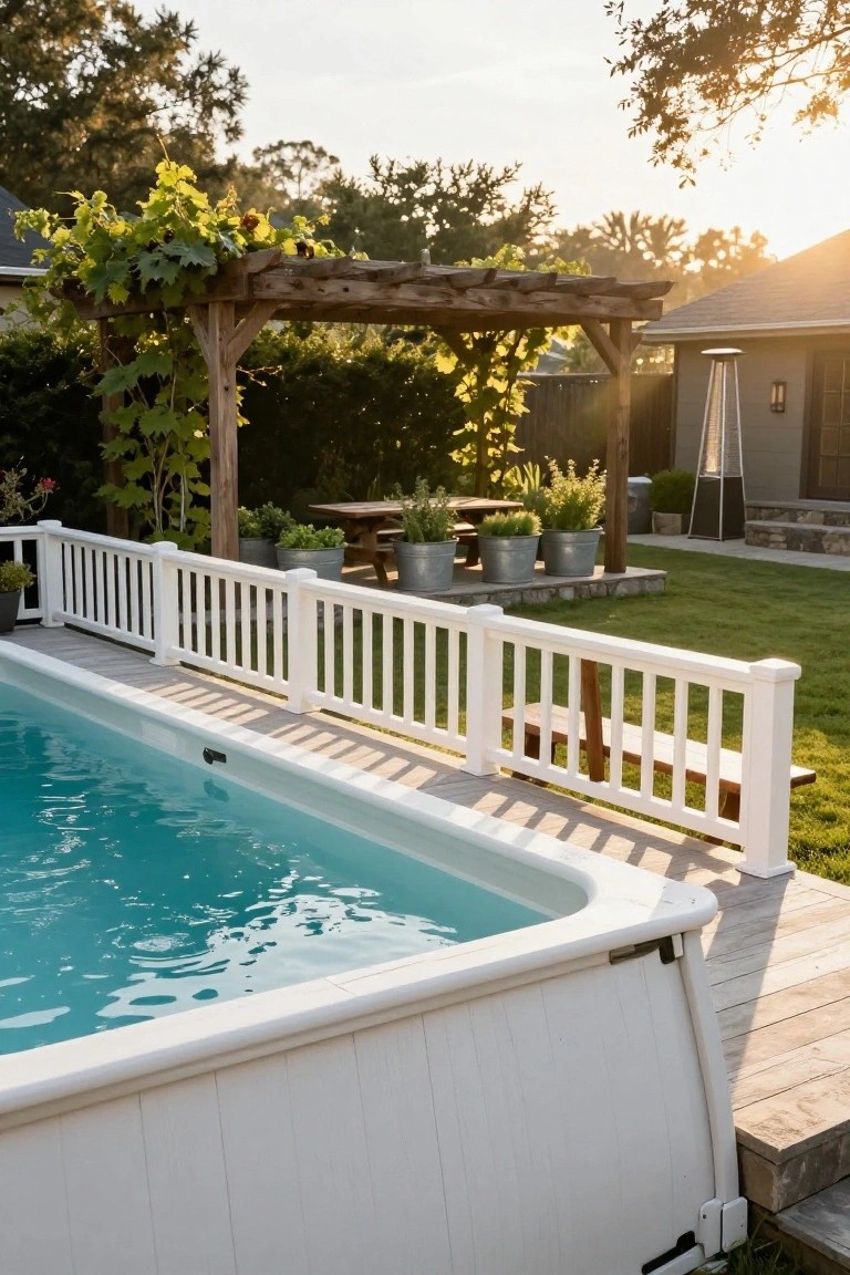 Above-ground pool with turquoise water and white walls on a wooden deck with white balustrade railing, next to a vine-covered wooden pergola holding a picnic table and metal bucket planters in a grassy backyard.