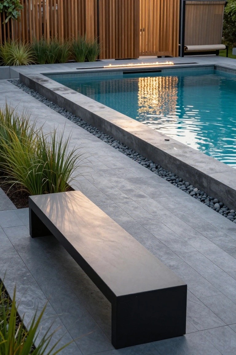 Gray concrete deck surrounding a turquoise above-ground pool with a linear fire feature along one edge, black rectangular bench positioned parallel to the pool, pebble borders, ornamental grasses, and wooden slat fencing in the background at dusk.