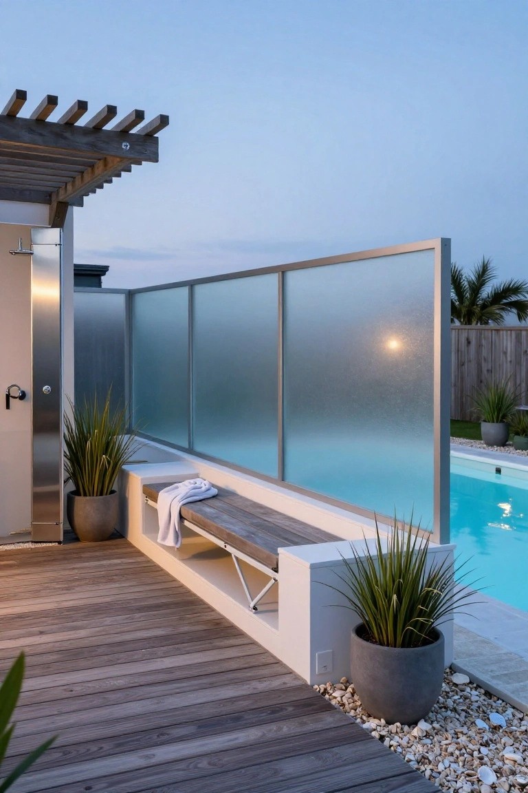 Outdoor shower enclosure featuring frosted glass panels, white bench, stainless steel door, and wall-mounted showerhead next to an above-ground pool on a white deck with surrounding plants and pebble edging.