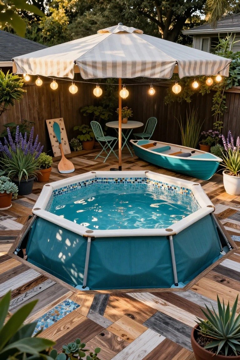Octagonal above-ground pool with turquoise walls, white top rail, and blue mosaic tiles, surrounded by geometric deck of assorted wood planks in varied tones, striped umbrella with string lights overhead, green bistro chairs and table, small blue canoe, potted plants, and wooden paddleboard rack in backyard.