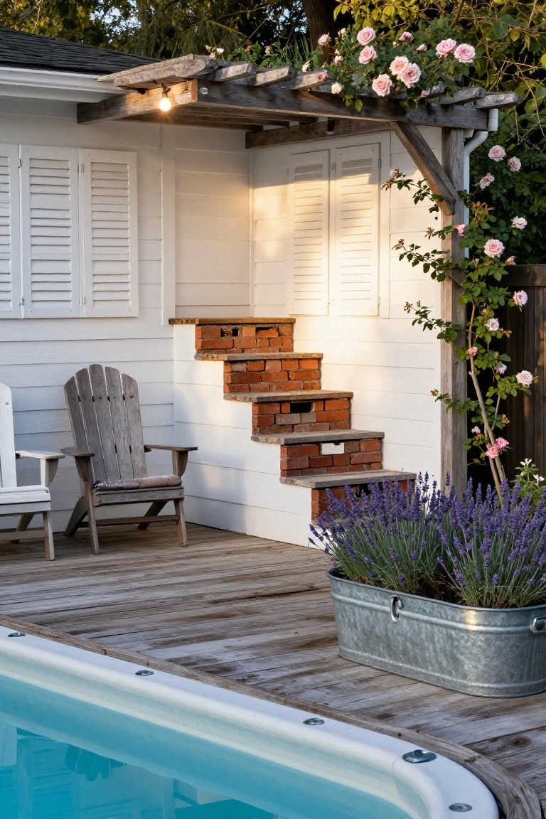 Wooden deck with brick steps, lavender planter, pool, and rose-covered pergola.