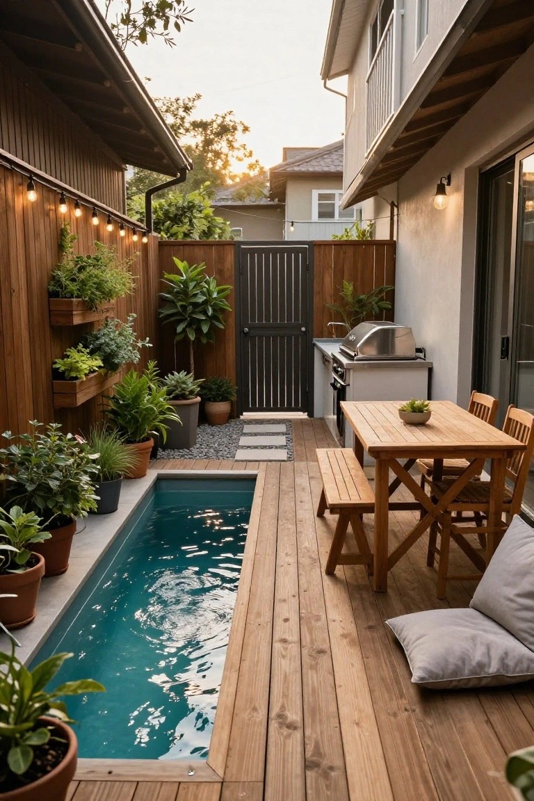 Narrow turquoise plunge pool next to a wooden deck with dining table, benches, chairs, barbecue grill, potted plants, and string lights in a fenced alley yard.