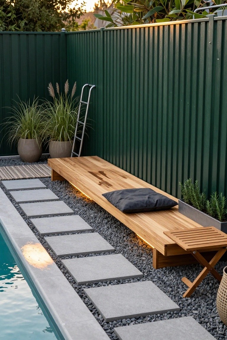 Wooden bench with gray cushion along the edge of an above-ground pool, next to a green metal fence, gravel ground cover, stone pavers, potted plants, and a small folding table in a backyard setting.