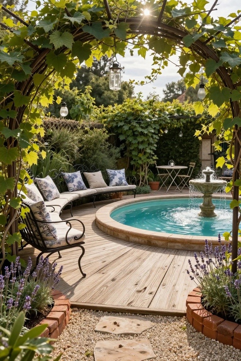 Wooden deck with a small circular turquoise pool and central stone fountain, surrounded by curved black metal bench with patterned cushions, a chair and bistro table nearby, under grapevine-covered wooden archway, bordered by lavender plants, brick edging, and gravel path.