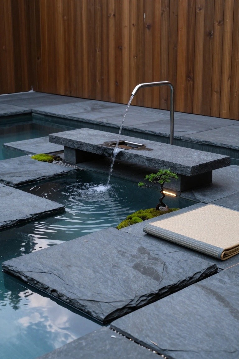 Small rectangular pool in a yard surrounded by multi-level irregular dark slate slabs forming platforms and steps, with a metal fountain spout on a stone bench pouring water into the pool, a bonsai tree and moss on the bench, wooden fence background, and a folded mat nearby.