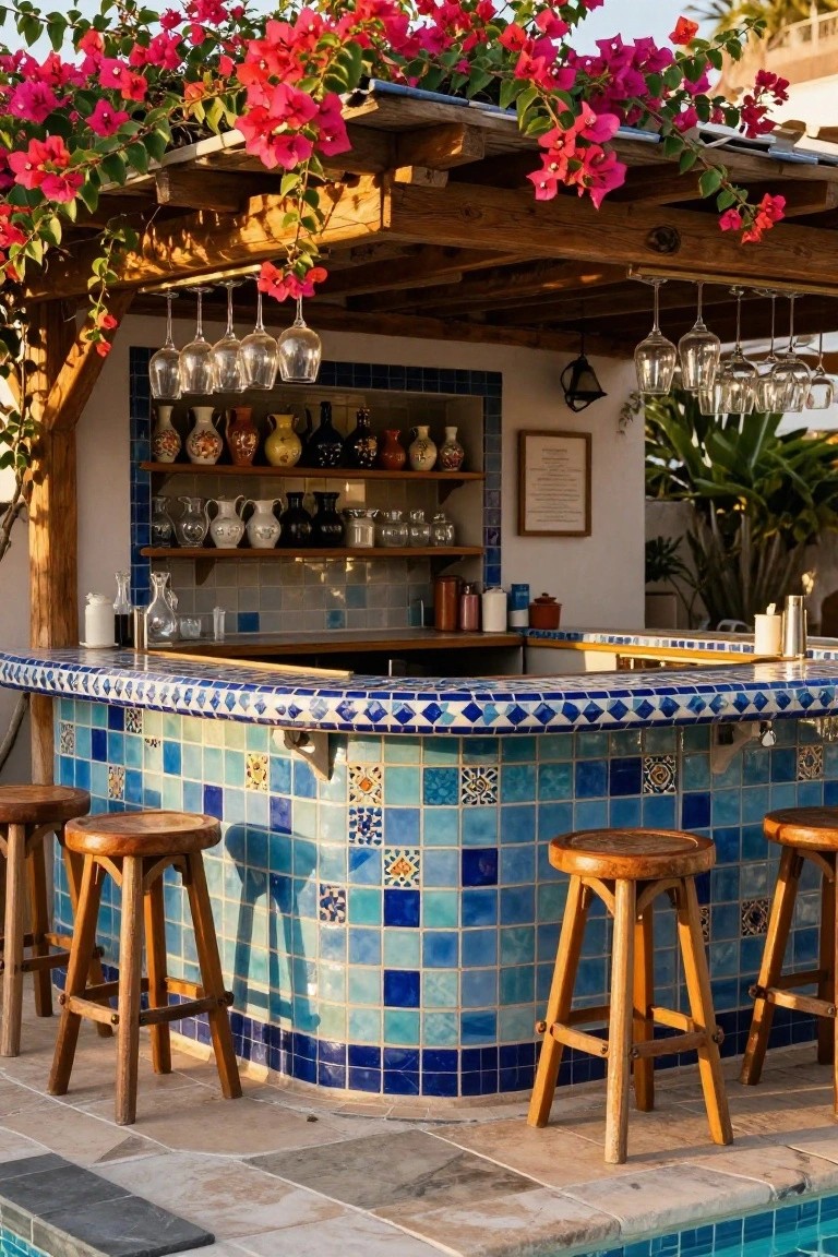 Curved outdoor bar counter covered in blue patterned tiles with wooden stools, hanging glass racks, bottle shelves, and pink bougainvillea vines on a wooden pergola structure next to a pool.