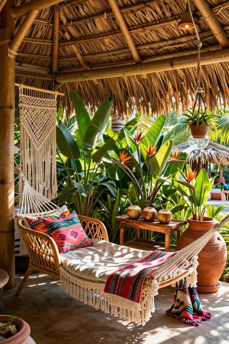 Thatched-roof pool cabana with hanging wicker hammock chair holding white cushions, colorful pillows, and striped blanket, beside wooden table with coconuts, tropical plants, and clay pots.