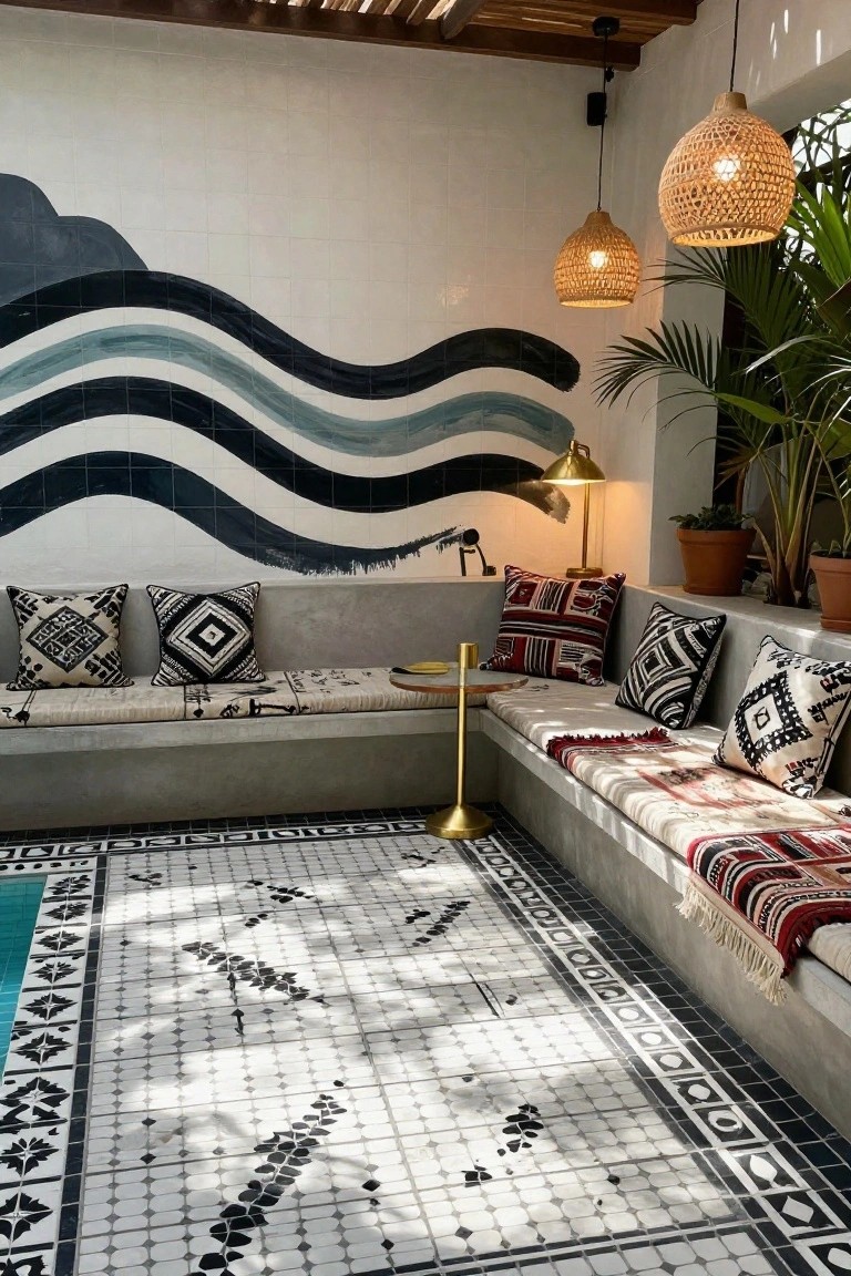 Poolside outdoor seating area with built-in concrete benches topped with colorful geometric patterned cushions and red throw, black-and-white patterned tile floor extending to turquoise pool water, rattan pendant lights, potted plants, and abstract wave wall mural.