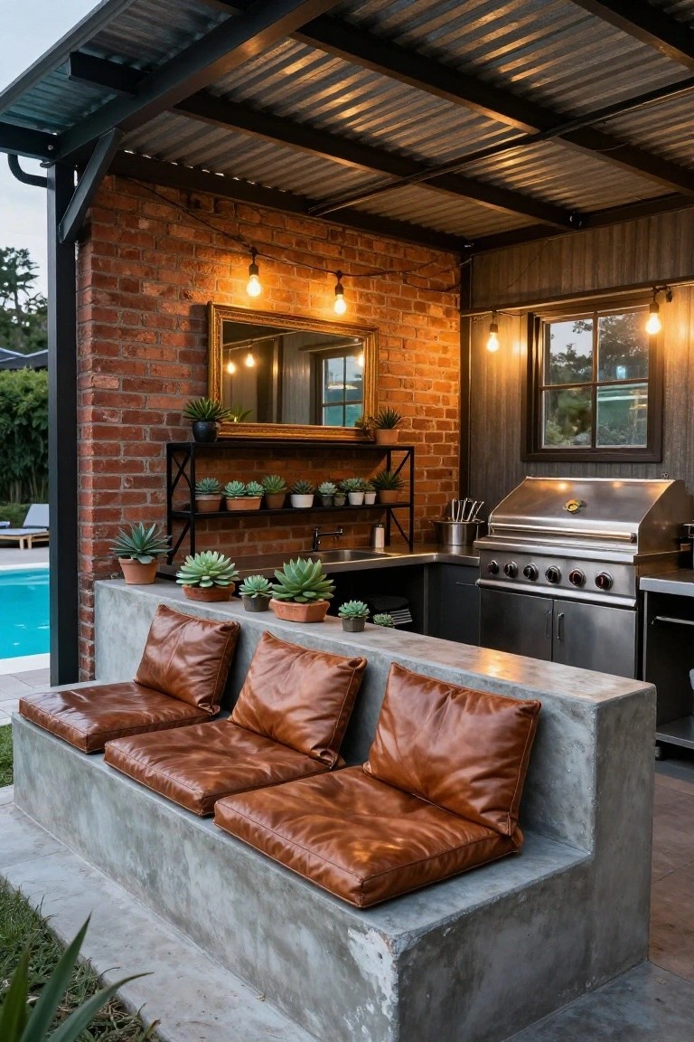 Outdoor pool cabana with brick accent wall, stainless steel grill and sink, black metal shelves holding potted succulents, concrete L-shaped bench topped with tan leather cushions, pendant lights, and a blue pool visible in the background under a corrugated metal roof.