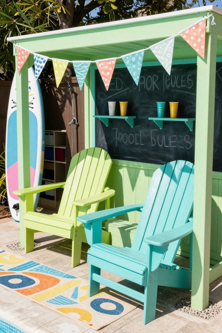 Green outdoor pool cabana structure with a chalkboard sign reading 