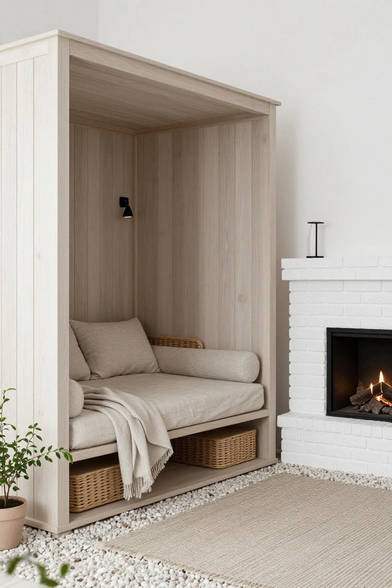 Light wood paneled alcove with beige cushioned bench, pillows, woven basket storage below, gray throw blanket, next to white brick fireplace with gas fire, pebble floor, seagrass rug, and potted plant.