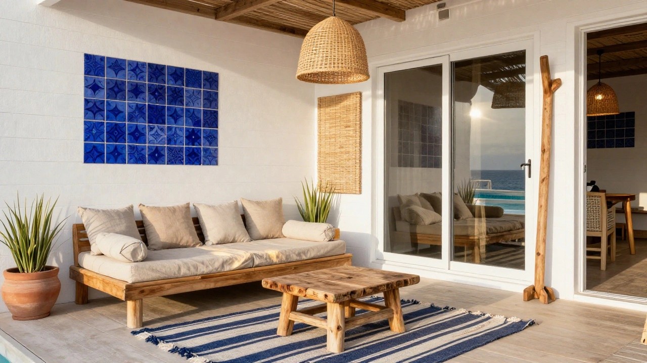 Light interior of a pool cabana bedroom with white shiplap walls, bamboo ceiling, two rattan pendant lights, low wooden platform bed with beige pillows and blue-patterned throw, striped rug, wooden side table, potted agave, blue tile artwork, and sliding glass doors open to turquoise pool and palm trees.