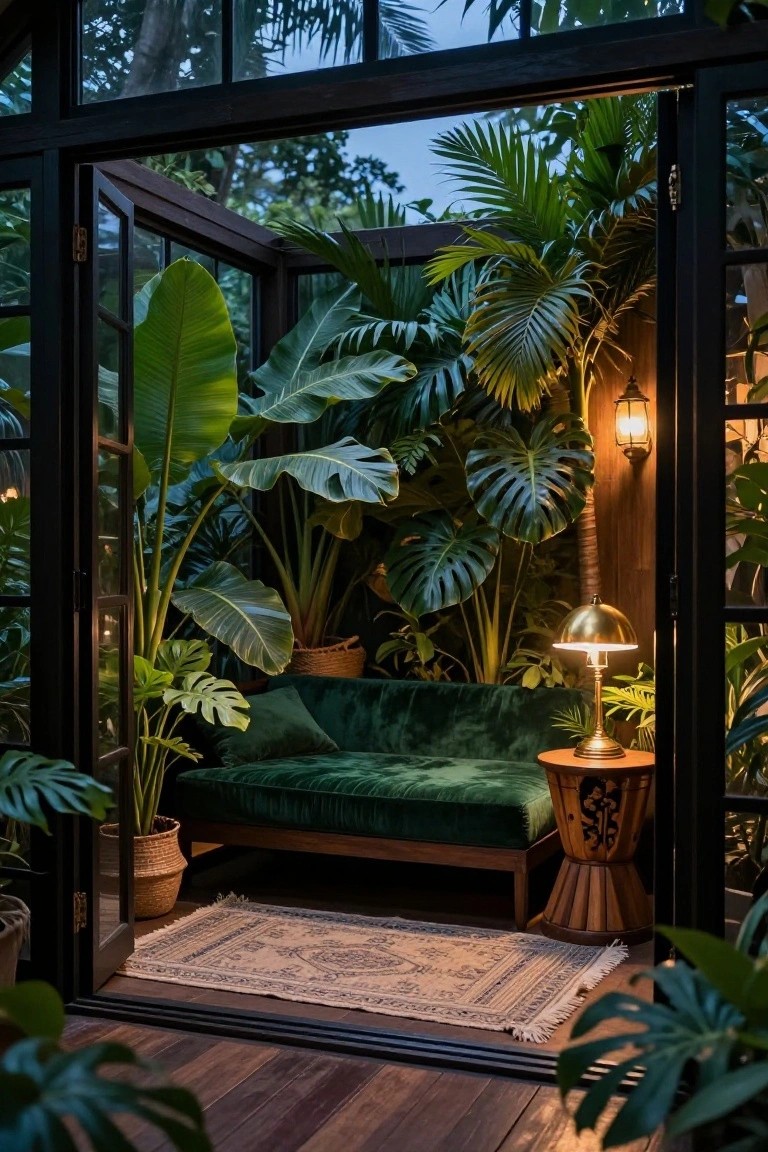 Glass-enclosed cabana filled with large tropical plants like monstera and palms surrounding a green velvet daybed on a wooden floor with a rug, brass lamp on a stool, and open doors to outdoor trees.