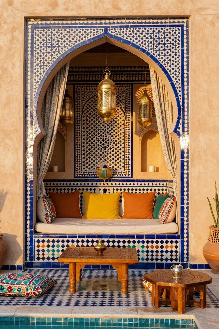 Arched outdoor pool cabana alcove with blue and white geometric tilework, built-in cushioned bench seating, colorful pillows, wooden low tables, hanging metal lanterns, potted plants, and turquoise pool edge in foreground.