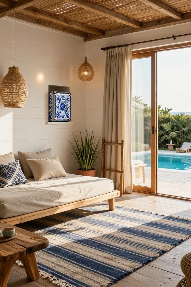 Light interior of a pool cabana bedroom with white shiplap walls, bamboo ceiling, two rattan pendant lights, low wooden platform bed with beige pillows and blue-patterned throw, striped rug, wooden side table, potted agave, blue tile artwork, and sliding glass doors open to turquoise pool and palm trees.