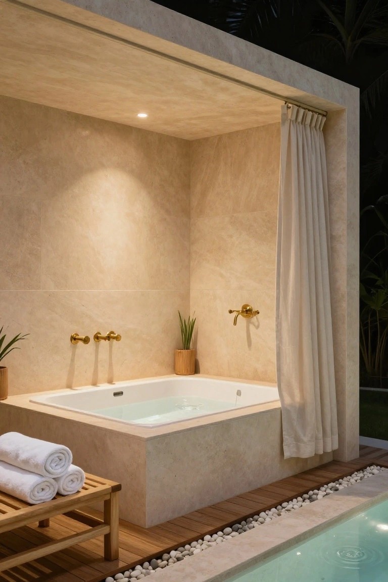 Outdoor rectangular bathtub set into a beige stone platform in a cabana-like structure beside a turquoise pool, featuring gold faucets, potted plants, white linen curtains, stacked white towels on a bamboo bench, and pebble edging.