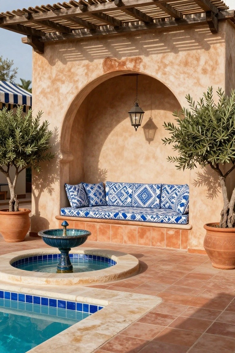 Beige stucco arched alcove with built-in bench topped by blue patterned cushions, flanked by olive trees in terracotta pots, a turquoise fountain nearby, wooden pergola overhead, and edge of blue pool on terracotta tile patio.