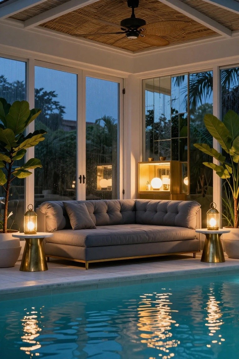 Pool cabana with gray tufted sofa between brass pedestal tables holding lanterns, flanked by potted plants and a gold cabinet, glass walls overlooking a turquoise pool at dusk.
