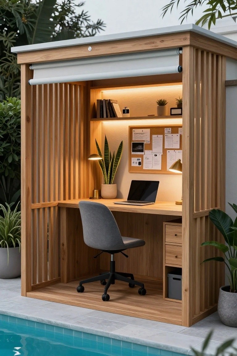 Wooden slatted pool cabana with built-in desk, gray office chair, plants, bookshelves, bulletin board, and warm lighting positioned next to a blue swimming pool.