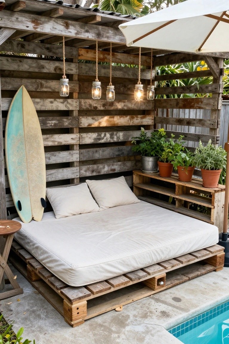 Wooden pergola cabana by a pool featuring a low pallet platform bed with white cushions, a blue surfboard leaning against the pallet wall, potted plants on shelves, hanging mason jar lights, and a small side table nearby.