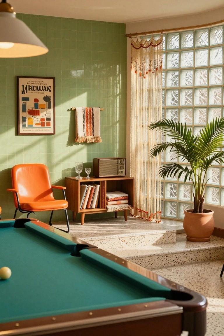Retro-style interior room with green pool table in foreground, orange armchair next to wooden credenza holding books and vintage radio, mint green tiled wall with poster, beaded curtains over block glass window, and potted palm plant.