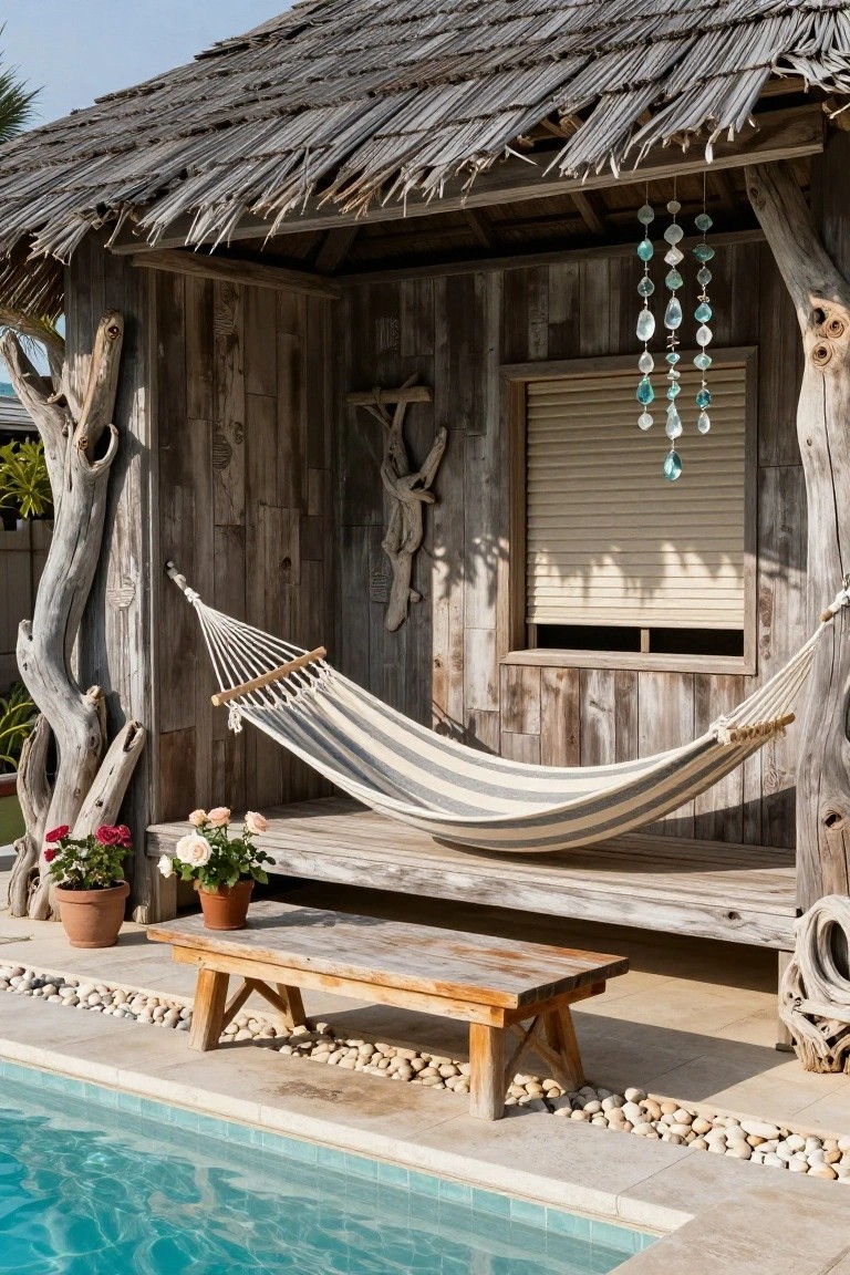Rustic wooden pool cabana with thatched roof, striped hammock, potted plants, wooden bench on pebble ground next to turquoise swimming pool.