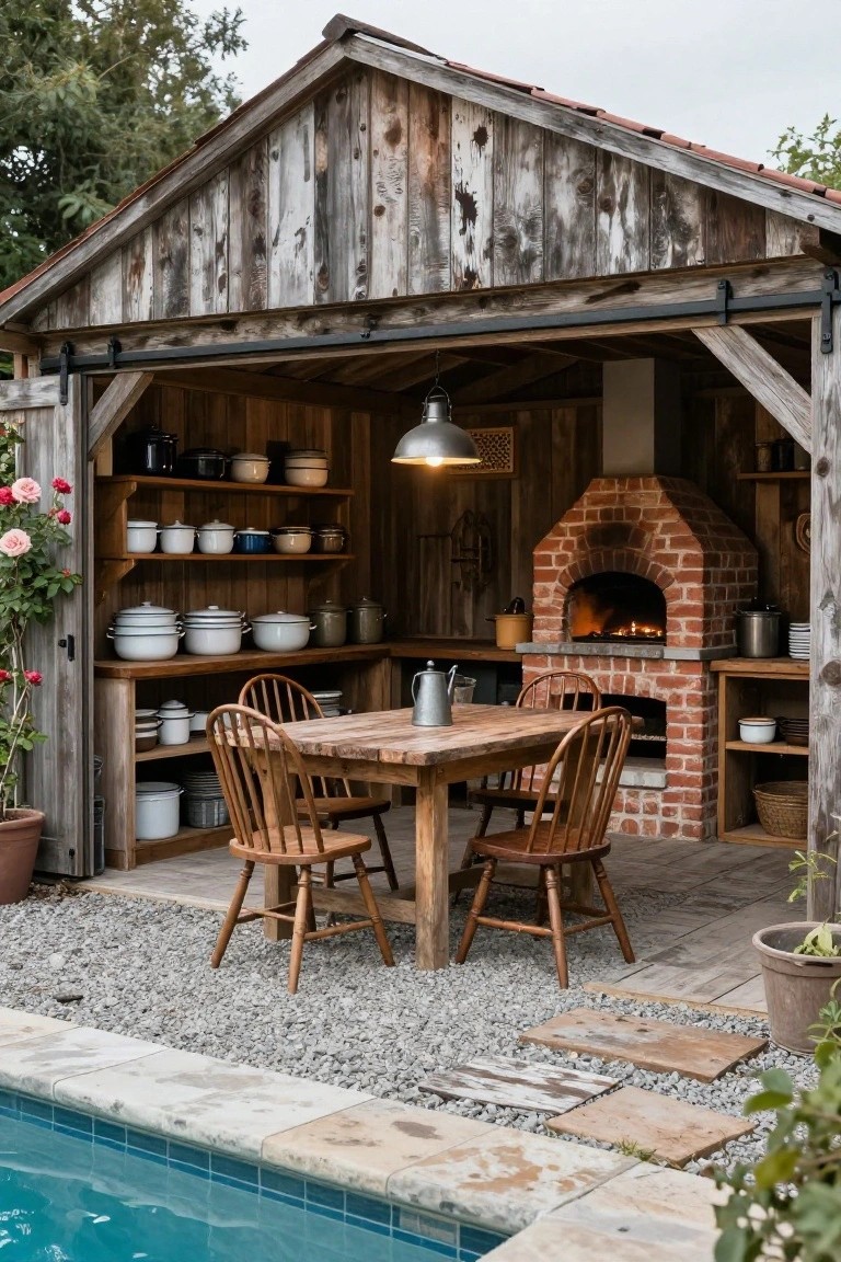 Open rustic wooden cabana sheltering a brick pizza oven with fire inside, wooden shelves with cookware, farmhouse wooden table and chairs on gravel patio next to swimming pool edge