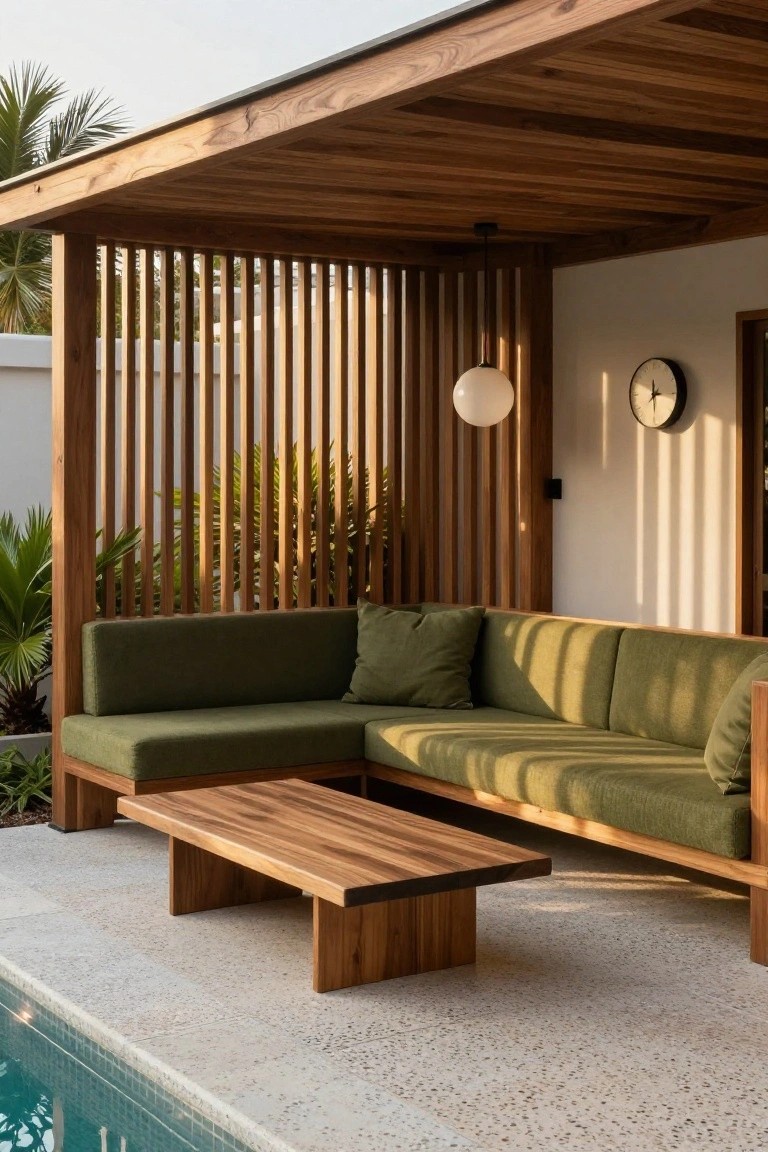 Slatted Wood Screens Around Pool Lounges