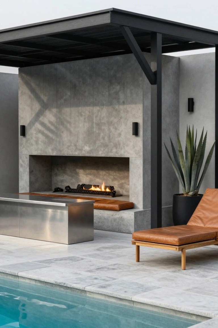 Sleek Linear Fire Pit by the Pool