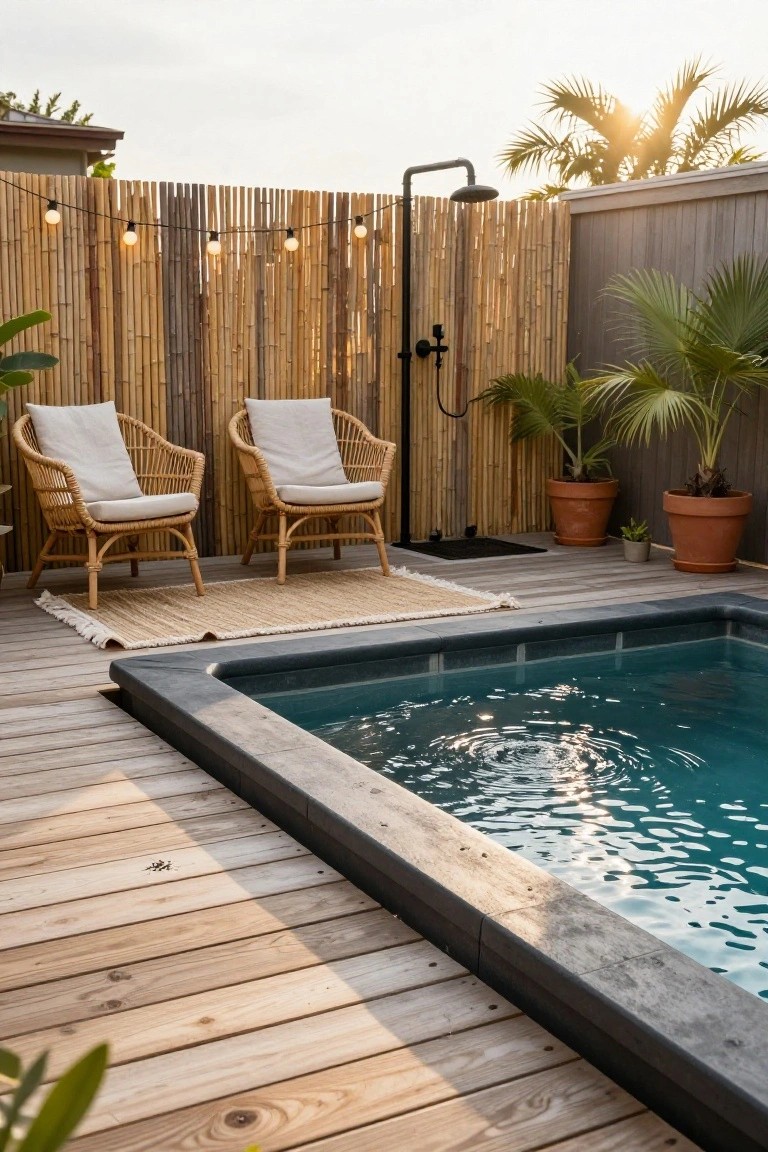 Wooden deck beside a small rectangular turquoise pool edged in black tile, flanked by two white-cushioned rattan chairs on a beige rug, black outdoor shower, tall bamboo privacy fence with string lights, potted plants, and palm trees at sunset.